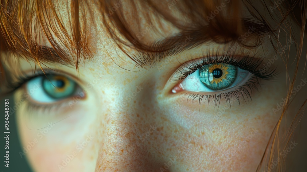 Close-up of a young woman’s striking green-blue eyes with freckles, showcasing a captivating gaze and natural beauty in soft lighting