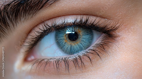 Close-up view of a human eye showcasing blue iris with unique orange flecks and long lashes in natural light