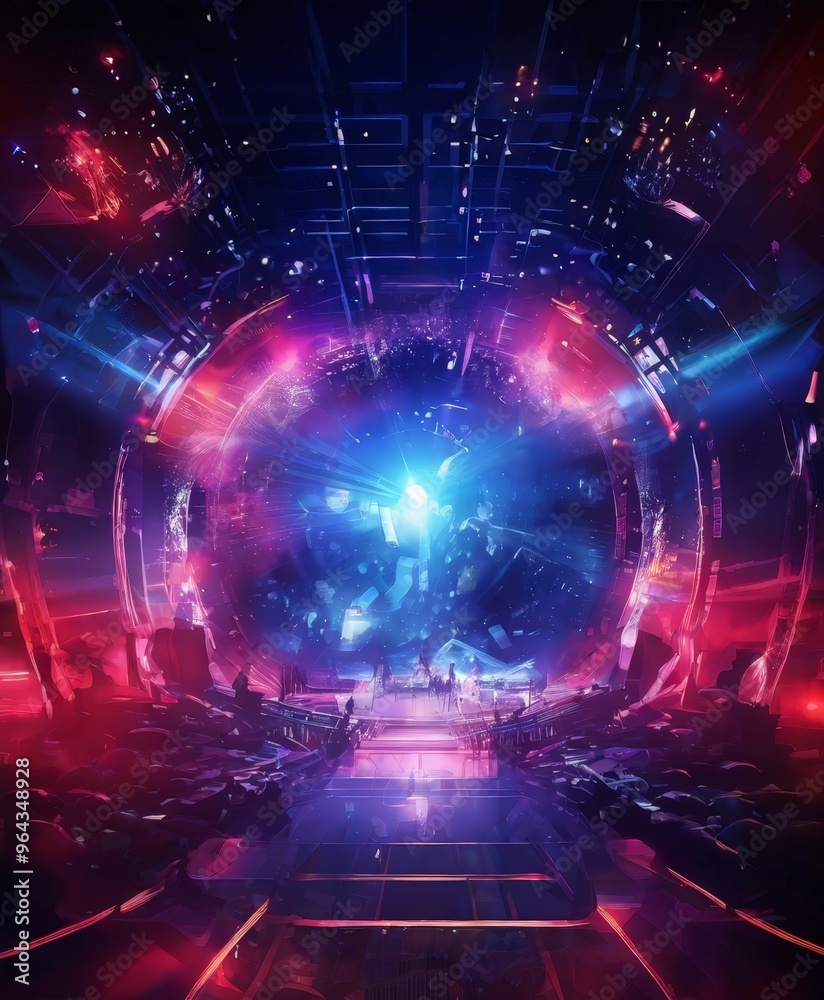 Fototapeta premium a futuristic, sci-fi-inspired scene with a large, glowing blue and purple light at the center, surrounded by a circular tunnel-like structure with a curved ceiling and rows of seats.