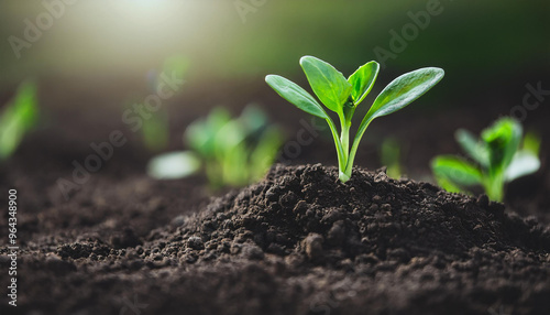 Detailed close-up shot of nutrient-rich black soil, green plant. Fine granules, earthy richness.