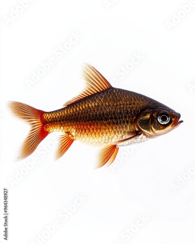 the Java Barb fish, portrait view, white copy space on right, Isolated on white Background