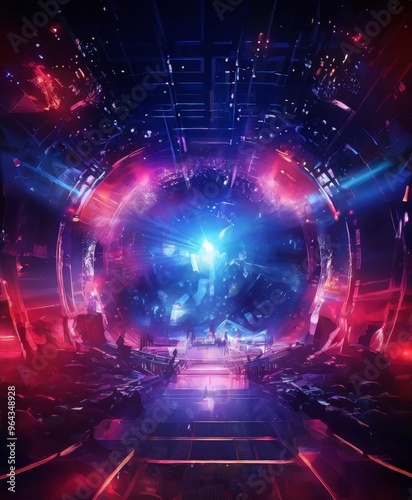 a futuristic, sci-fi-inspired scene with a large, glowing blue and purple light at the center, surrounded by a circular tunnel-like structure with a curved ceiling and rows of seats.