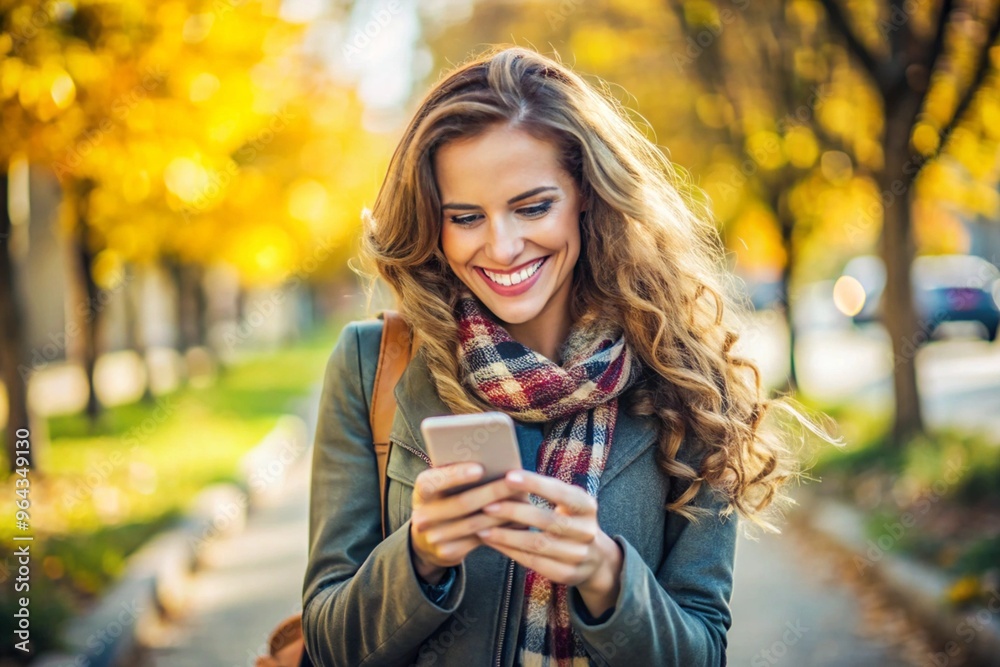 Happy smiley young woman holding smart phone Happy smiley young woman holding smart phone