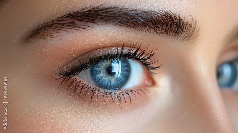 Obraz premium A close-up of a person's striking blue eye with long lashes and well-defined brows, showcasing intricate details and vibrant color