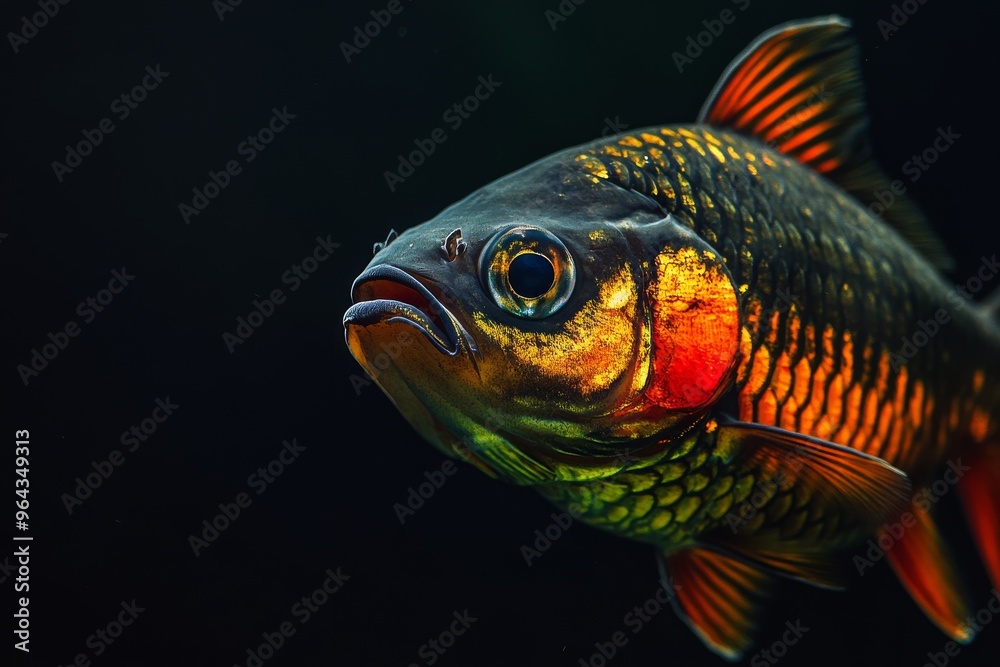 Mystic portrait of Java Barb fish in studio, copy space on right side, Anger, Menacing, Headshot, Close-up View, isolated on black background Mystic portrait of Java Barb fish in studio, copy space on right side, Anger, Menacing, Headshot, Close-up View, isolated on black background