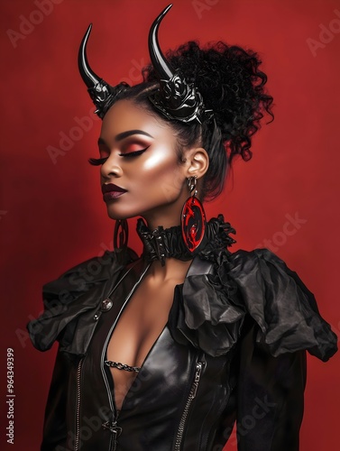 Stunning Woman in Black Leather Devil Costume with Horns and Dramatic Makeup, Red Background, Gothic Halloween Fashion