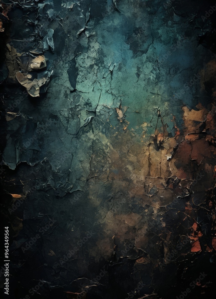a textured, cracked wall with a dark, moody color palette. The top left corner features a small, indistinct shape, while the top right corner is filled with a mix of green, blue, a textured, cracked wall with a dark, moody color palette. The top left corner features a small, indistinct shape, while the top right corner is filled with a mix of green, blue,