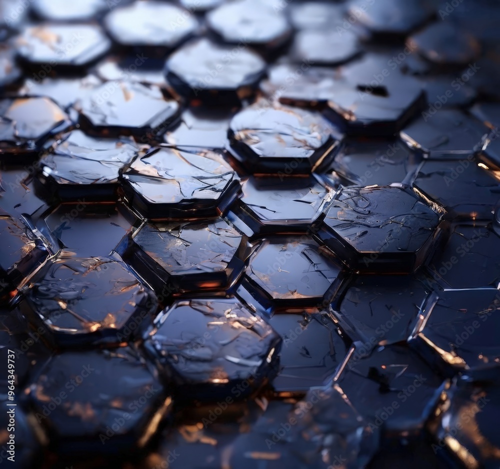 Fototapeta premium a close-up view of a textured surface composed of numerous hexagonal tiles arranged in a repeating pattern. The tiles exhibit a dark blue-gray hue, with some areas appearing to