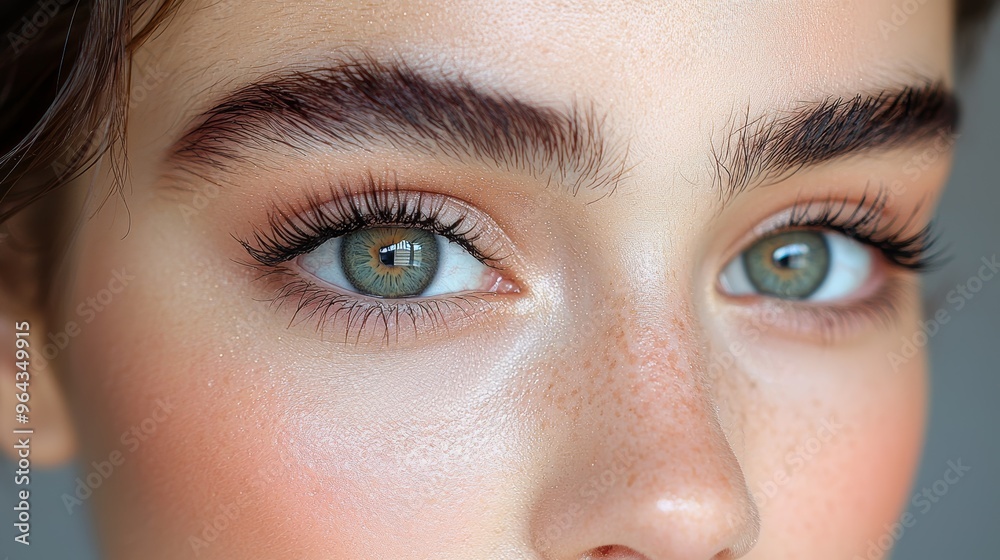 Fototapeta premium A close-up view of a young model showcasing striking green eyes and defined eyebrows with natural makeup in soft lighting