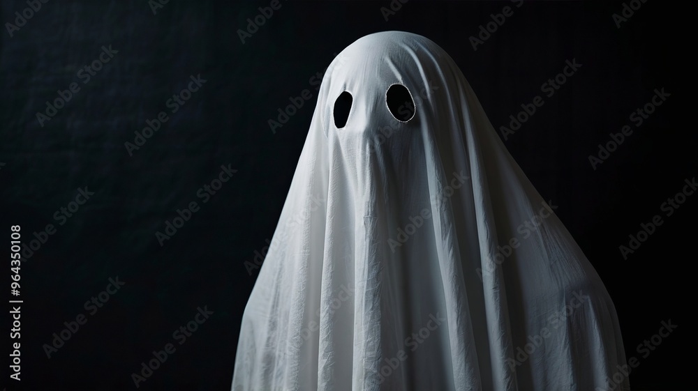 A classic ghost costume featuring a white sheet with cut-out eyes stands alone in a dark, shadowy room. Halloween concept A classic ghost costume featuring a white sheet with cut-out eyes stands alone in a dark, shadowy room. Halloween concept