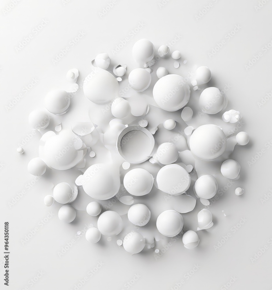 A collection of white spheres, varying in size and shape, are scattered across a white background, creating a visually striking and abstract composition. A collection of white spheres, varying in size and shape, are scattered across a white background, creating a visually striking and abstract composition.