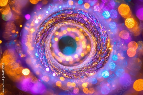 Vibrant abstract swirling pattern with colorful bokeh lights