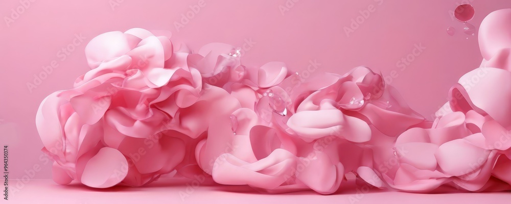 a pink abstract sculpture composed of overlapping, ruffled petals, with small bubbles floating above it against a solid pink background. a pink abstract sculpture composed of overlapping, ruffled petals, with small bubbles floating above it against a solid pink background.