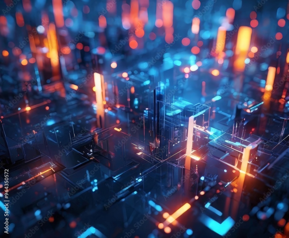 Fototapeta premium futuristic cityscape, composed of a complex network of glowing, multicolored lights that create a mesmerizing, abstract pattern. The city's architecture is represented by a