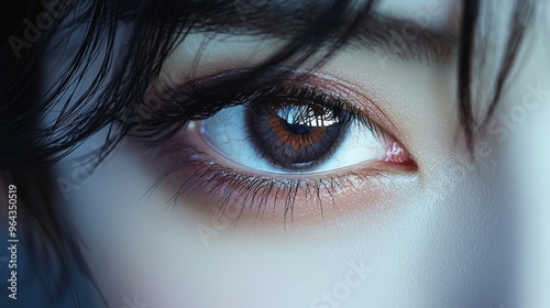 Close-up of a striking eye reflecting light with dark makeup, showcasing intricate details and emphasizing beauty in soft focus