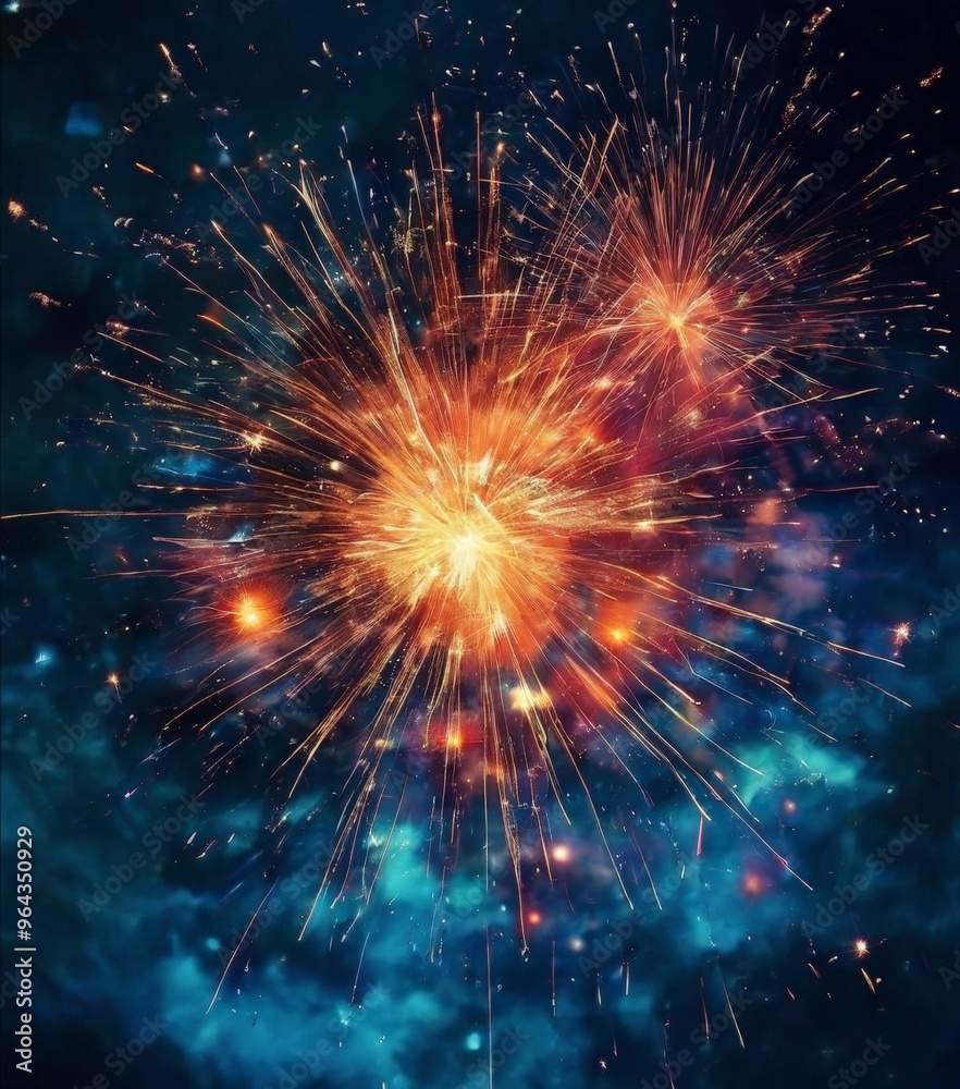 a vibrant display of fireworks bursting in the night sky, with a mix of orange, yellow, and red colors against a dark blue backdrop.