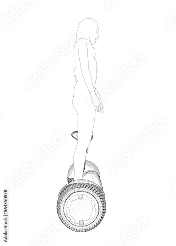 Outline of a girl standing on a segway made of black lines isolated on a white background. Girl riding a segway. Front view. Vector illustration.