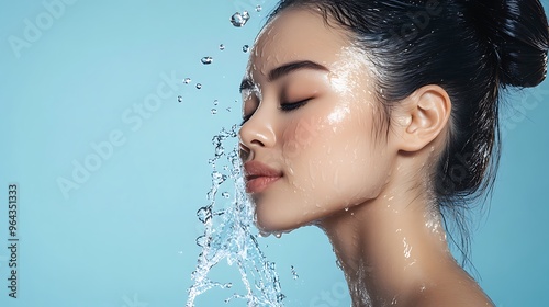 A woman with her eyes closed and face splashed with water.