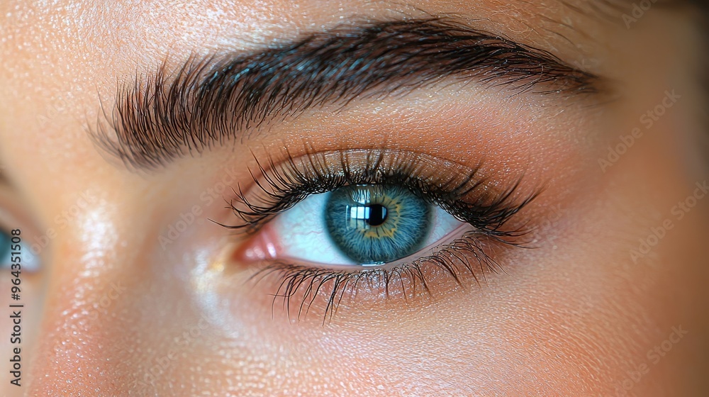 Obraz premium Close-up of a vibrant blue eye highlighting intricate details of lashes and brows in natural light, emphasizing beauty and clarity