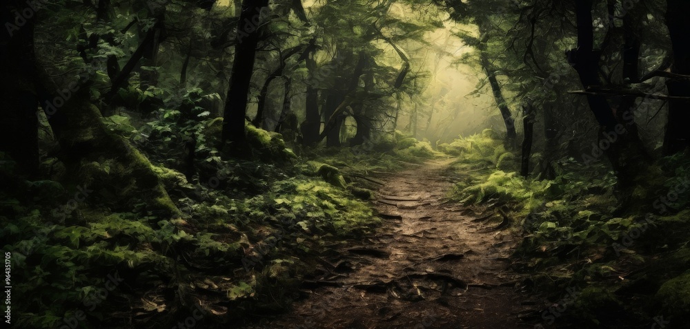 Fototapeta premium A winding dirt path leads through a dense, lush forest, with tall trees and a soft, misty light filtering through the canopy.