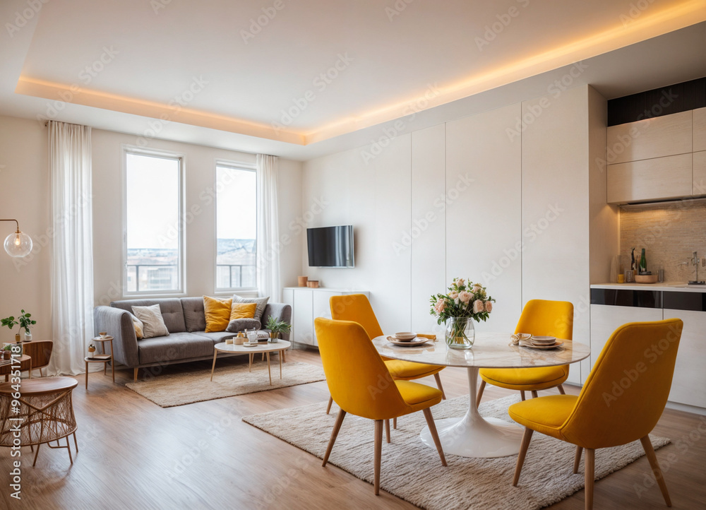 Fototapeta premium Interior of light living room with sofa and glucophone on table