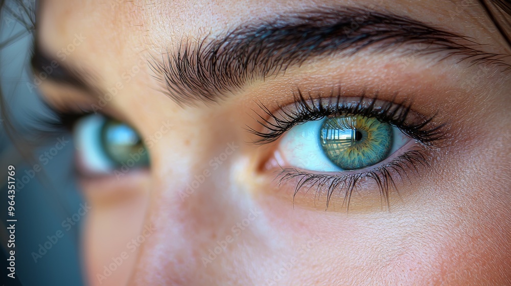 Fototapeta premium Close-up view of captivating green eyes with distinct eyelashes and natural makeup in soft afternoon light