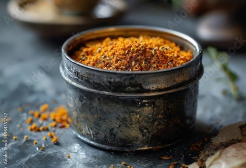 A close-up image of a metal container filled with a vibrant orange spice mix, placed on a dark surface with scattered pieces of the spice mix around it.