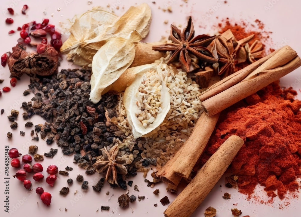 An assortment of spices and dried fruits, including star anise, cinnamon sticks, red pepper flakes, and dried fruit, are scattered on a pink background. An assortment of spices and dried fruits, including star anise, cinnamon sticks, red pepper flakes, and dried fruit, are scattered on a pink background.