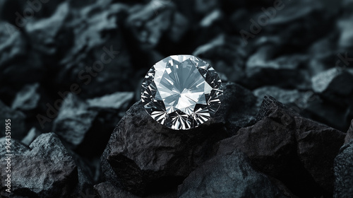 beautiful shiny diamond on black coal background 