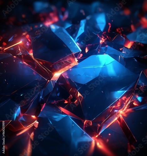 a digital art piece featuring a complex arrangement of shattered glass fragments in shades of blue, red, and orange, creating a dynamic and abstract composition.