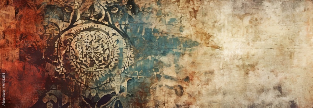 Naklejka premium textured, abstract background with a central circular design. The design is composed of various shades of blue, green, and brown, creating a sense of depth and complexity. The