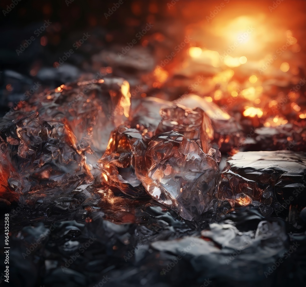 a close-up view of a pile of ice chunks with a fiery orange glow in the background, suggesting a fire or intense heat.
