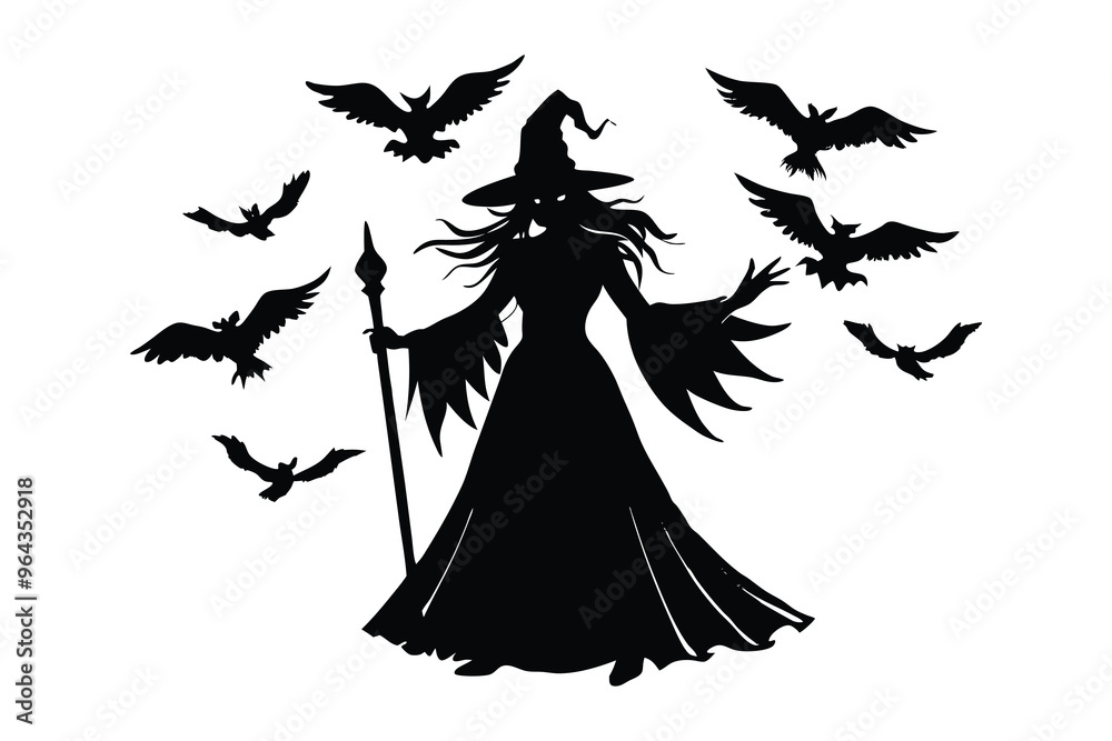 Fototapeta premium Silhouette of a Flying Witch on a Broomstick with Bats - Halloween Illustration