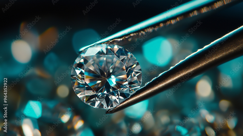 view of a brilliant cut diamond held by tweezers view of a brilliant cut diamond held by tweezers