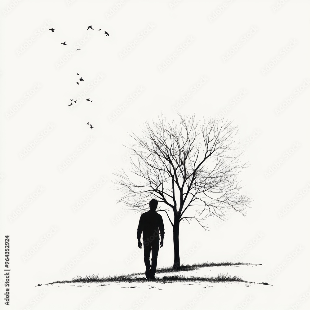 Solitary figure walking by bare tree with flying birds silhouette on minimalist landscape Solitary figure walking by bare tree with flying birds silhouette on minimalist landscape