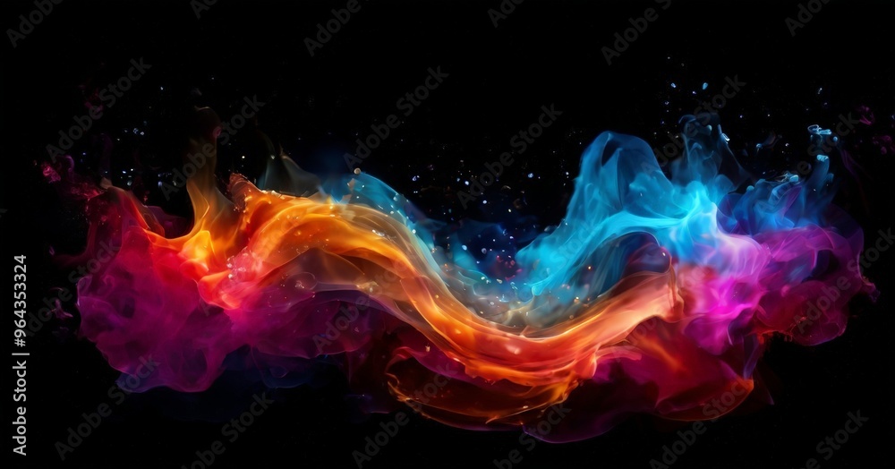a vibrant, swirling pattern of fiery hues, including red, orange, yellow, and blue, against a dark background.