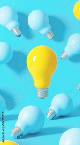 Idea concept with yellow accent light bulb and turned off light bulbs on blue background. 3d rendering.