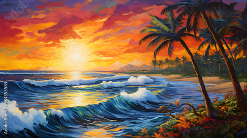 Art, Hawaiian sunset, post-impressionism style, bright exotic colors