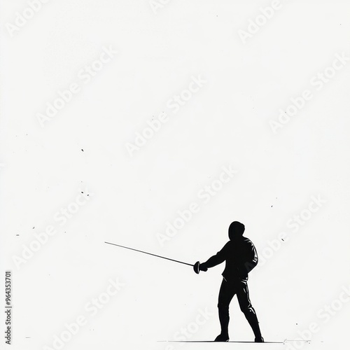 Minimalist silhouette of a fencer in action against blank background