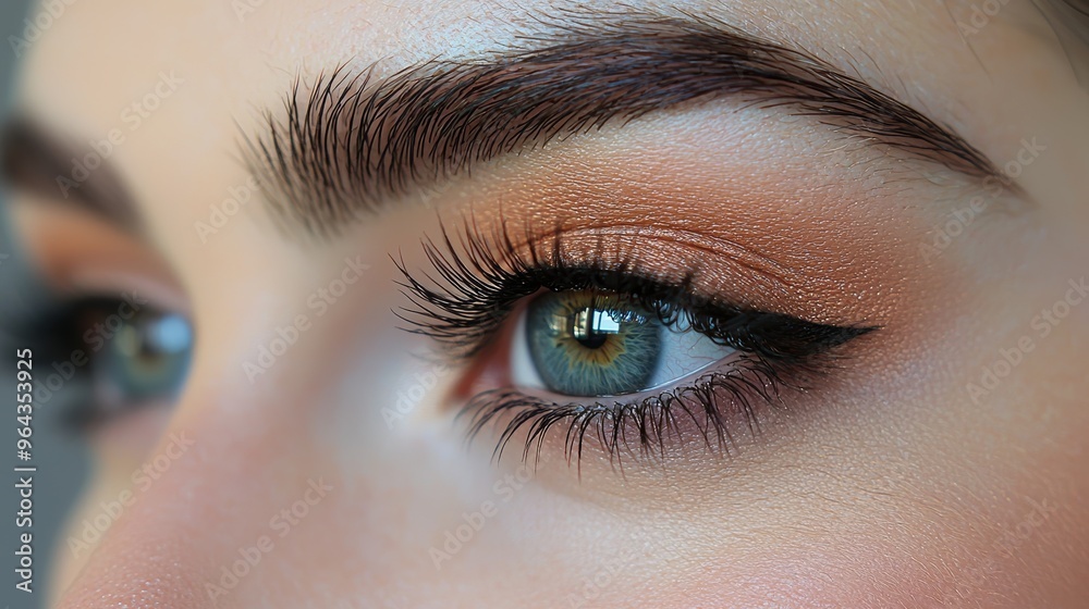 Naklejka premium Close-up view of a model's striking blue eye with dramatic makeup showcasing vibrant eyeshadow and a bold eyeliner design