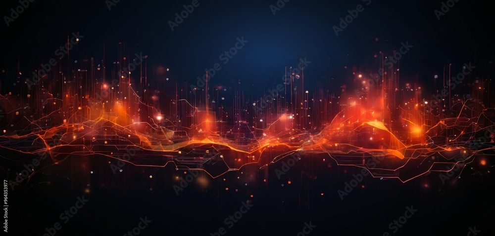 digital illustration of a cityscape, rendered in a striking combination of orange and black. The city is composed of interconnected lines and dots, creating a sense of depth and digital illustration of a cityscape, rendered in a striking combination of orange and black. The city is composed of interconnected lines and dots, creating a sense of depth and