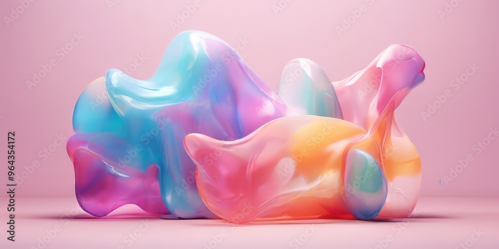 Fototapeta premium group of abstract, colorful, and translucent shapes resembling organic forms or sculptures, set against a pink background.