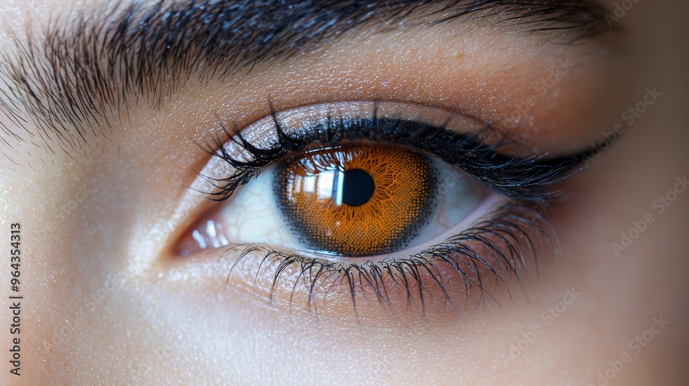 Obraz premium Close-up of a striking amber eye with bold eyeliner and long lashes, showcasing intricate details and natural beauty