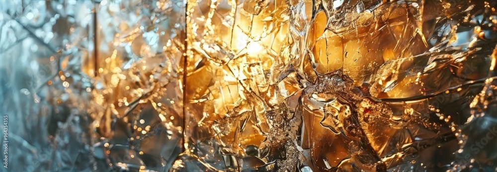 a close-up view of a cracked and broken glass surface, with a mix of light and dark colors. The glass appears to be made of a translucent material, allowing the light to pass