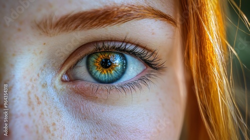 Close-up of a young person with striking green and gold eyes and vibrant red hair, captured in natural light photo