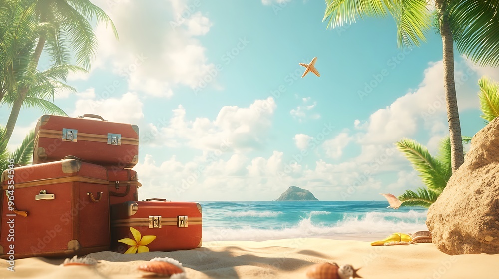 Obraz premium A 3D rendered summer vacation background featuring suitcases and beach items on the sand of an exotic island