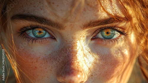 Close-up view of a young woman with striking blue and green eyes and freckles illuminated by soft natural light during sunset