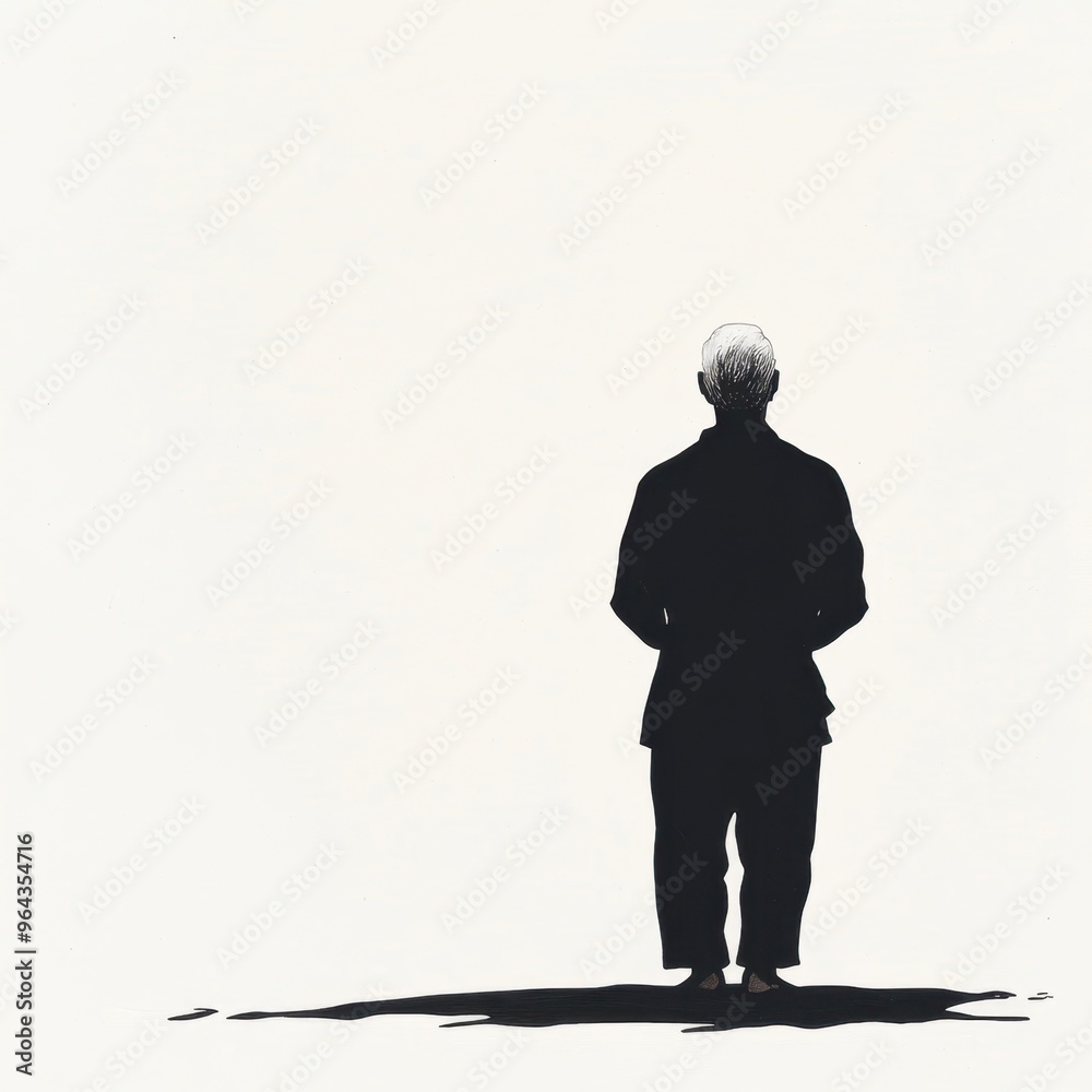 Solitary reflection: minimalist black and white silhouette of an elderly man Solitary reflection: minimalist black and white silhouette of an elderly man