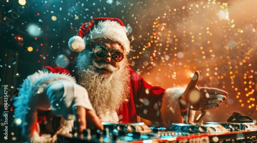 Santa Claus In Cool Shades Spinning Tunes At Festive New Years Bash. Ð¡oncept Festive New Year's Bash, Santa Claus Dj, Cool Shades, Spinning Tunes, Celebratory Atmosphere  photo