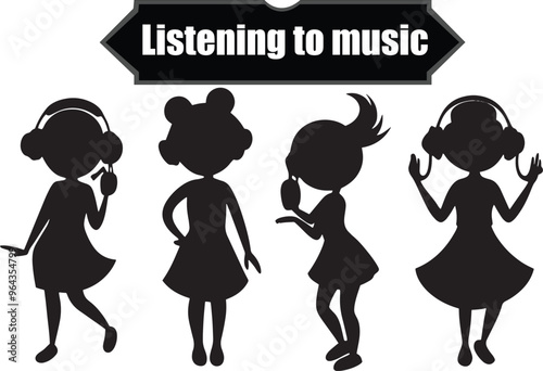 Listening to Music Flat Black Silhouette Vector Art Bundle
